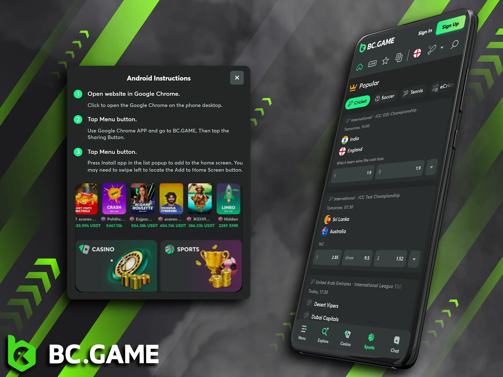 Get access to gaming on your Android device with the BC Game mobile app.